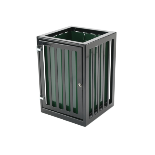 Square open top steel litter bin. It has a black cage and a green liner.