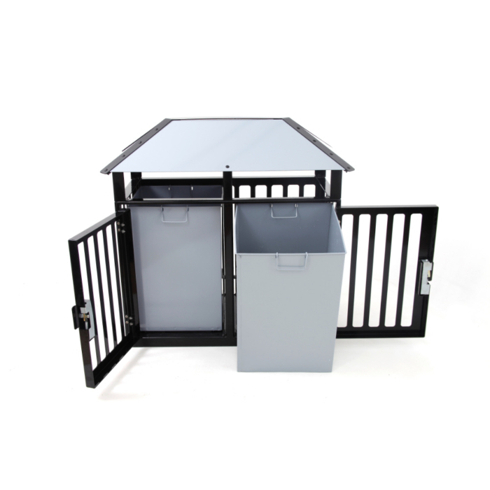 Heavy duty steel litter bin with two liners, currently open.