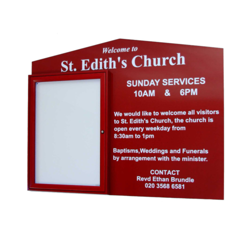 Red church notice board. One side has Church details in white text and the other is a lockable magnetic notice board