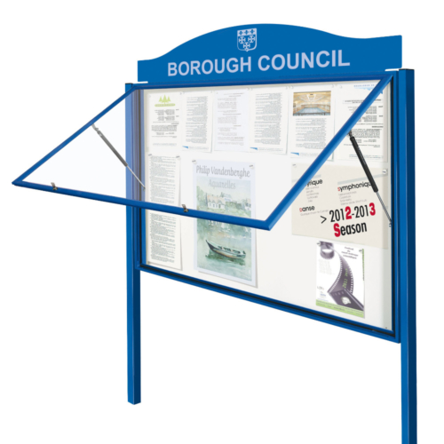 Blue notice board on square posts with door raised