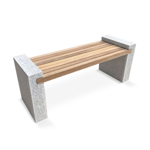 Outdoor bench with teak slats and granite ends
