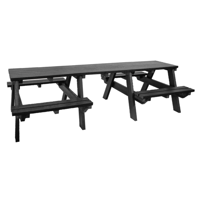 Long black picnic table with seats removed either side for mobility access