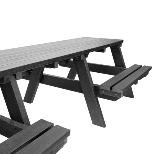 Black picnic table with space for wheelchair access
