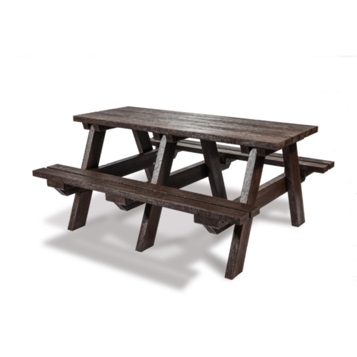 A frame picnic table made from brown recycled plastic