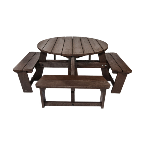 Brown round recycled plastic picnic table with seats