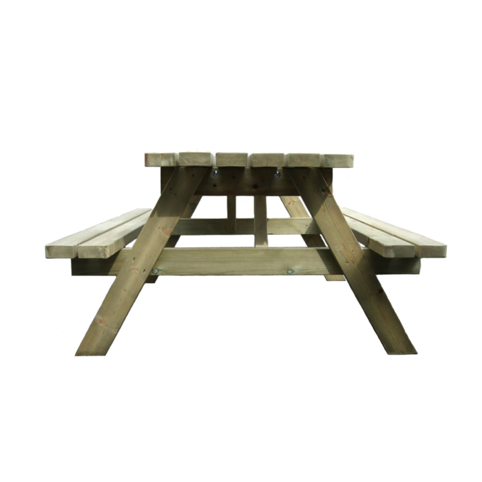 End view of a timber A frame picnic table