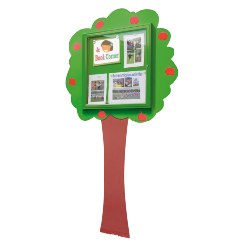 Tree shaped notice boards with brown trunk, green leaves and red apples