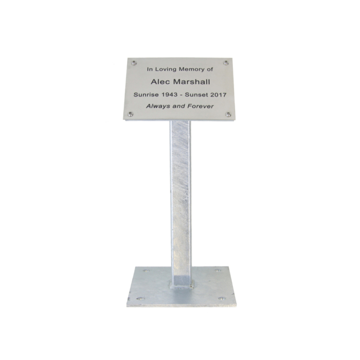 Stainless steel plaque on galvanised steel tree stand