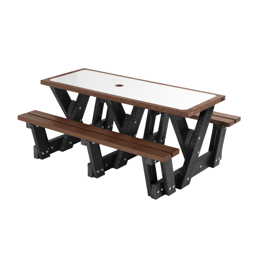 Outdoor table with smooth top for writing on.