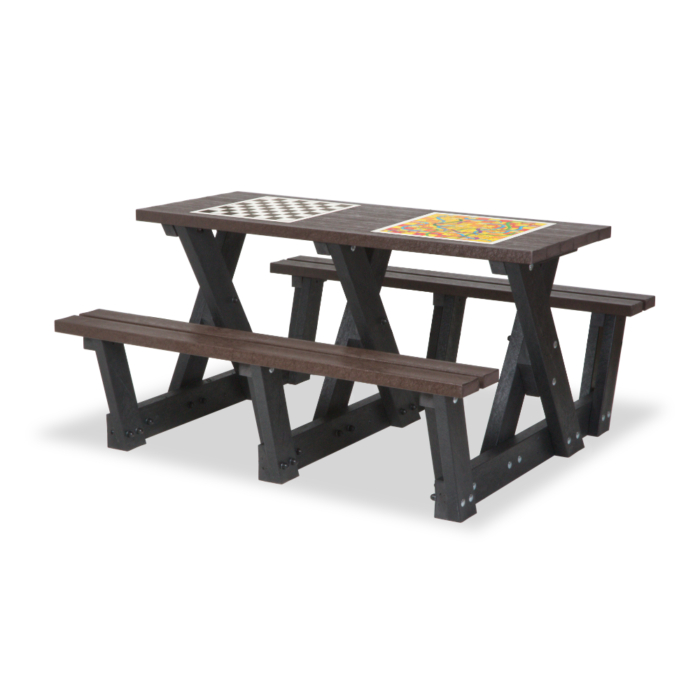 Recycled plastic black and brown step through picnic table with integral games