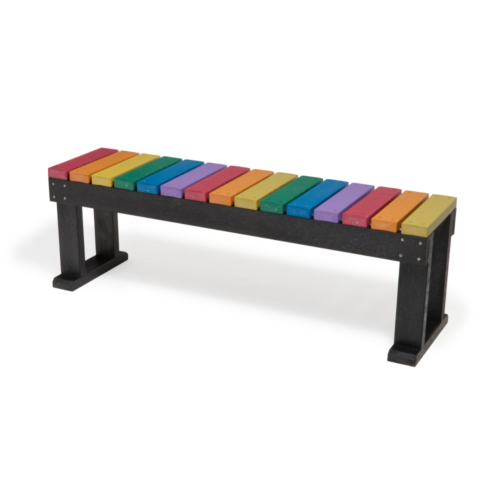 Multicoloured recycled plastic bench with red, orange, green, blue, purple slats