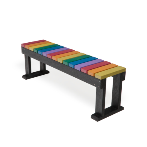 Recycled Plastic bench with rainbow colour slats and black legs